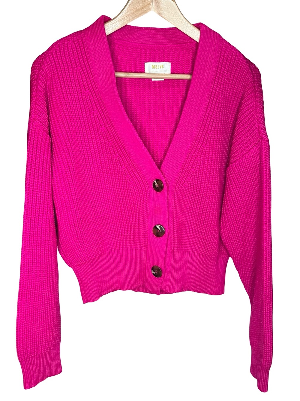 Anthropologie Maeve Hot Pink Chunky Knit Cropped Cardigan Sweater - Picture 7 of 11